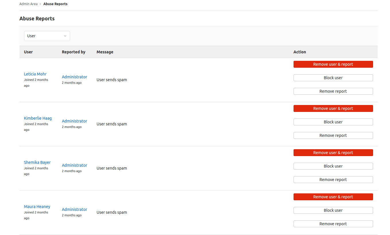 A list of example abuse reports submitted for various users, with resolution actions available for each.