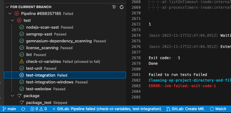 A pipeline containing CI/CD jobs that are passing, allowed to fail, and failing.
