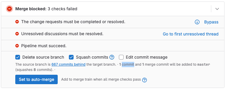 A merge request that is blocked because a user requested changes